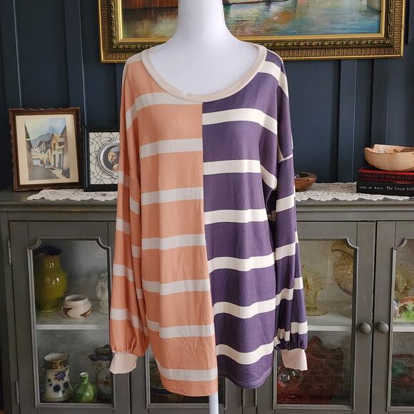BiBi Tops - Bibi Women’s Striped Pullover Top XL Oversized Colorblock Long Sleeve
